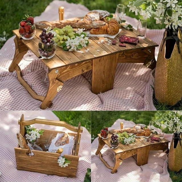 MYELJO Wooden Outdoor Folding Picnic Basket Table, Folding Picnic Table with Wine Glass Holder, 2-in-1 Picnic Table Convertible Storage Wooden Basket, Natural Travel Camping Equipment