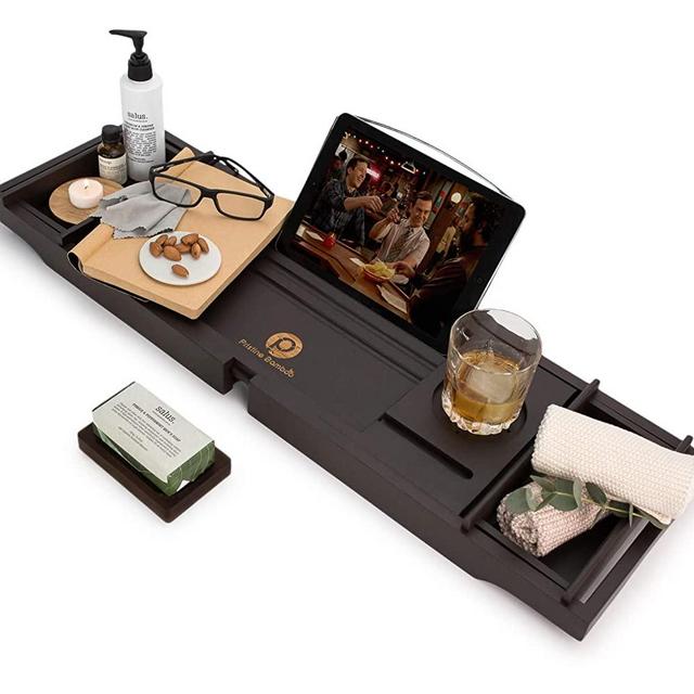 PRISTINE BAMBOO Bathtub Tray- Packed with 10 Features. Expandable Bath Caddy Tray for Tub. Book Reading, Wine Glass Holder. Wooden Bath Tub Shelf Across Tub