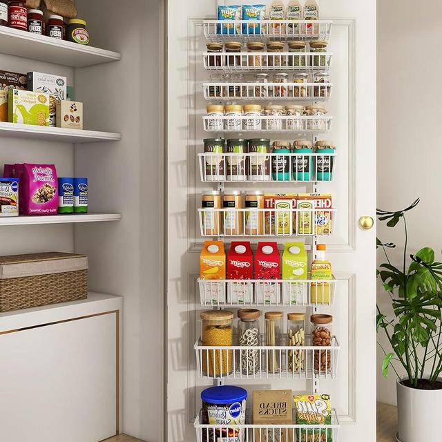 Mefirt Over The Door Pantry Organizer, Wall Mount Spice Rack, Pantry Hanging Storage and Organization, 9 Adjustable Deep Baskets Heavy-Duty Metal for Home & Kitchen, Back of Door Seasoning Rack, White