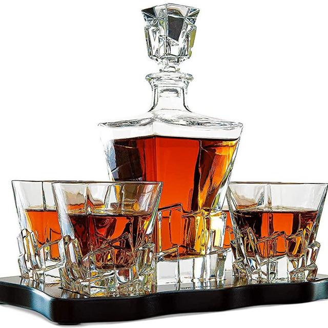 Crystal Wine and Whiskey Iceberg Mountain Glacier Decanter with 4 Glasses and Wood Tray - The Wine Savant