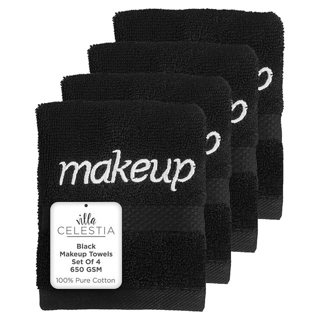 Villa Celestia Black Makeup Remover Towels Set of 4, 100% Soft Cotton Reusable Luxury 4 Pcs Makeup Wipes for Face, Ideal for Salon, Bath, Hotel, Spa, Washcloths for Face Pack of 4 (12"X12")