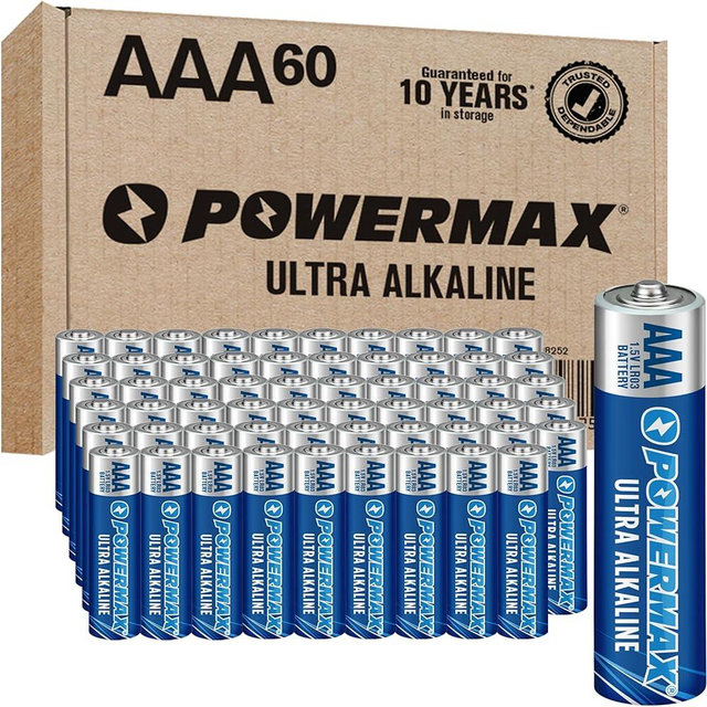 Powermax 60-Count Triple AAA Batteries, Ultra Long Lasting Alkaline Battery for Home and Office, 10-Year Shelf Life, Reclosable Packaging