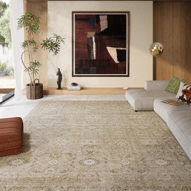 Washable Living Room Area Rugs: 8'x10' Large Rug Stain Resistant Distressed Vintage Boho Rug Non Slip Low Pile Faux Wool Soft Rug for Bedroom Bedside Kitchen Farmhouse Nursery Playroom Dining Room