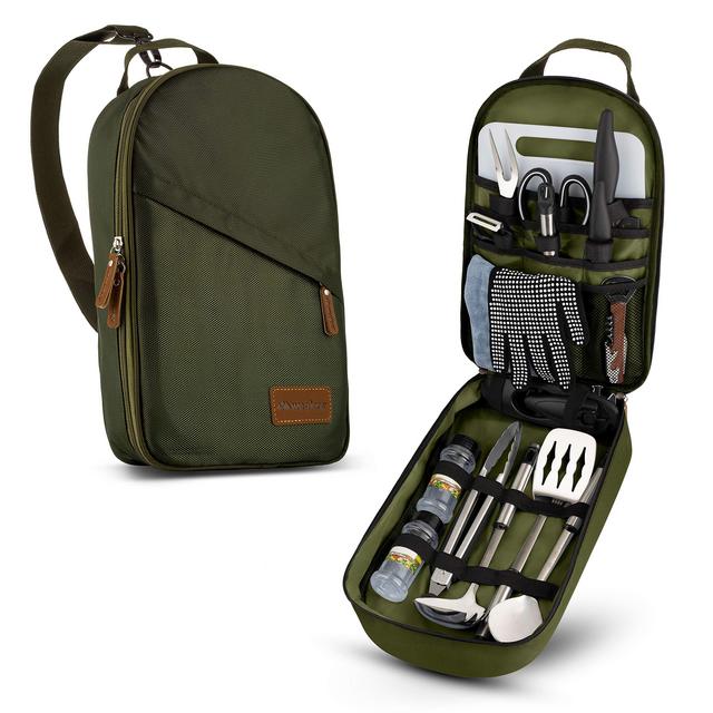 Camp Kitchen Cooking Utensil Set Travel Organizer Grill Accessories Portable Compact Gear for Backpacking BBQ Camping Hiking Travel Cookware Kit Water Resistant Case