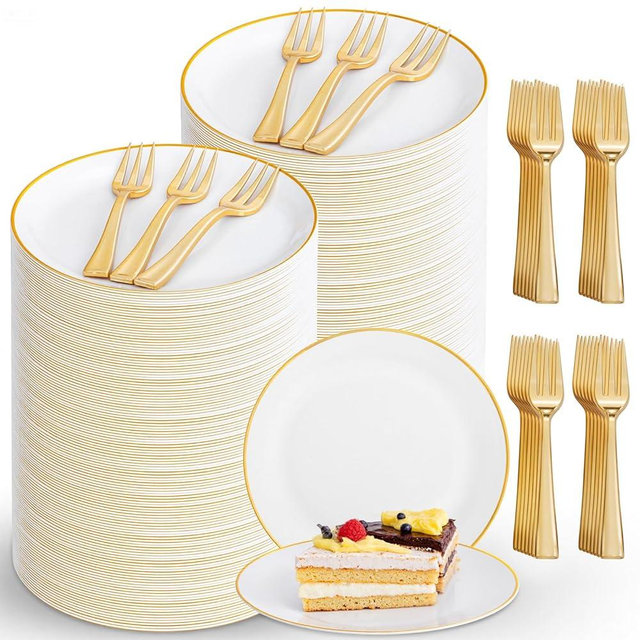 Festiva 400Pcs Gold Dessert Plates 6.3" with Forks 5"- 200PCS Small Disposable Dessert/Cake/Appetizer Plates and 200PCS Forks - Serve 200 Guests for Birthday Party& Wedding &Easter