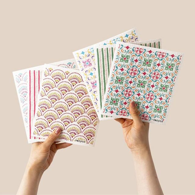 RECYCO Swedish Dishcloths for Kitchen | 6 Packs Boho Mosaic Bliss Washable Dish Rags | Cellulose Reusable Cleaning Paper Towels | Absorbent Counter Dish Cloth Sponge Kitchen Wipes, 8" L x 7" W