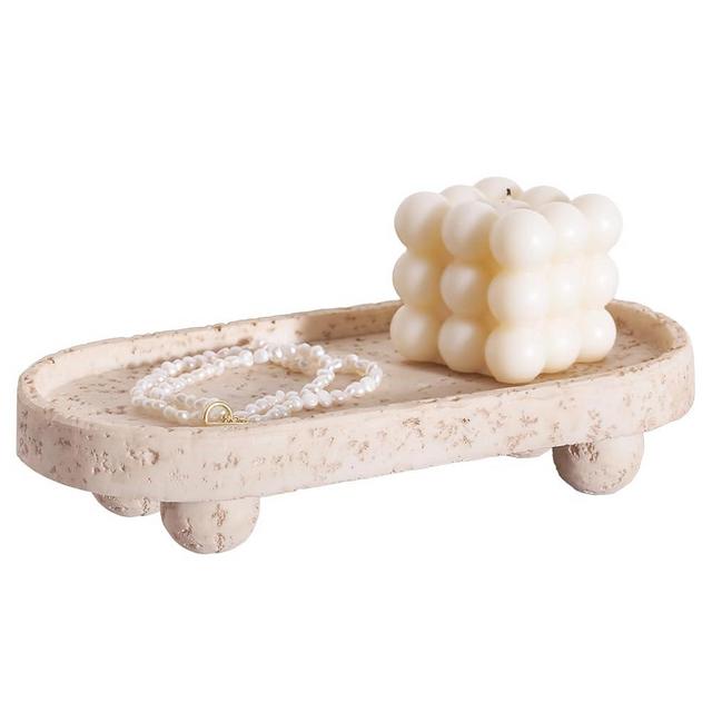 DN DECONATION Resin Decorative Tray with Legs, 4 Footed Coffee Table Trays Decor, Travertine Look Vanity Tray for Perfume Jewelry Bathroom Soap Kitchen Countertop Dresser, Oval 9.53x1.97in