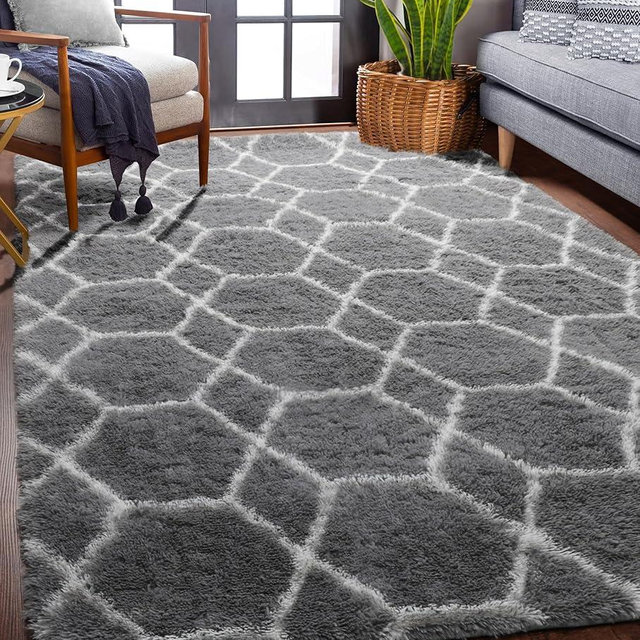 ONASAR Area Rugs for Bedroom Living Room, Washable 4x6 Fluffy Grey and White Floor Rug, Shaggy Geometric Soft Plush Fuzzy Carpet for Nursery Teen Playroom Dorm Office Home Decor Aesthetic