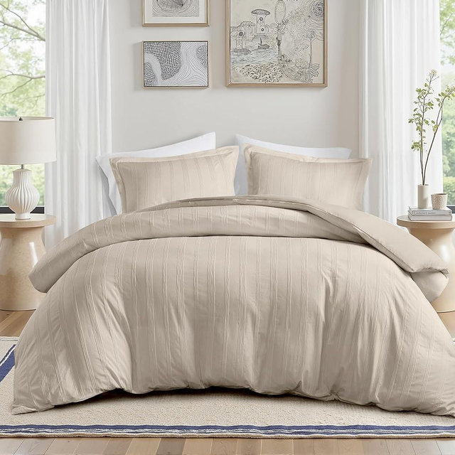 Madison Park Essentials Striped Duvet Cover Set King, Modern Minimalist Bedding Set with Premium Jacquard Stripe, 3 Pieces Duvet Cover Reversible with Zipper Closure & Corner Ties,Neutral