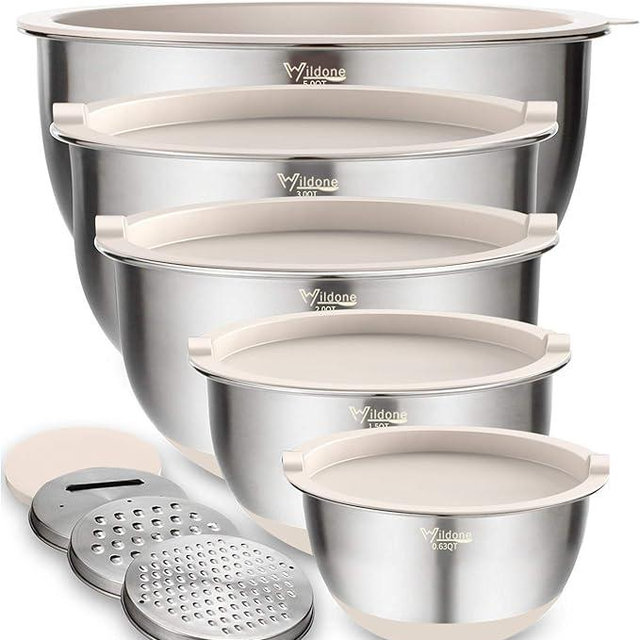 Wildone Mixing Bowls with Airtight Lids Set, 5PCS Stainless Steel Khaki Nesting Bowls for Kitchen, with Grater Attachments & Non-Slip Bottoms, Size 5, 3, 2, 1.5, 0.63 QT, Great for Mixing & Serving