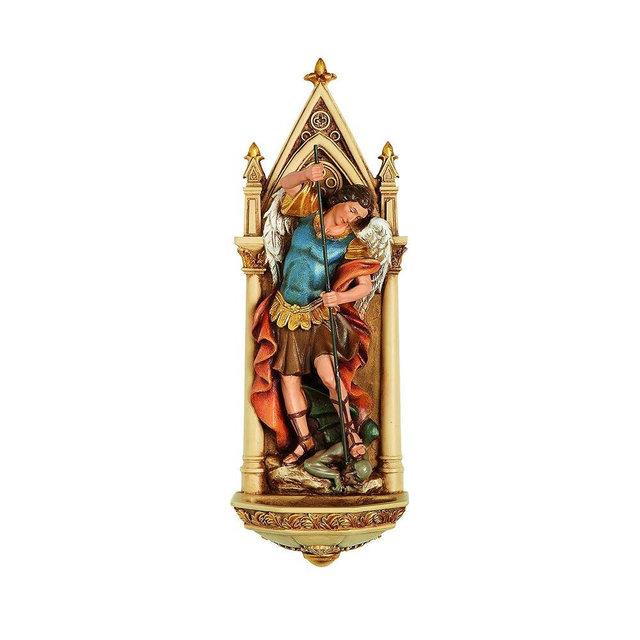 Joseph's Studio by Roman - St Michael Holy Water Font, Renaissance Collection, 7.75" H, Resin and Stone, Religious Gift, Decoration, Collection, Durable, Long Lasting