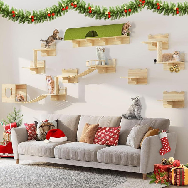 DWVO Cat Wall Shelves and Perches for Wall, Pine Wooden Wall Mounted Cat Furniture, Set of 16 Cat Climbing Shelves with Cat Bed, Wall House, Wall Steps, Bridge Ladder, Scratching Post and Cat Tunnel