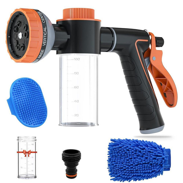 Pup Dog Wash Garden Hose Nozzle with Soap Dispenser for Car Washing, 10 Sprayer Pattern Dog Washing Hose Attachment Outdoor Use Dog Shower Attachment with Dog Brush for Pet Shower