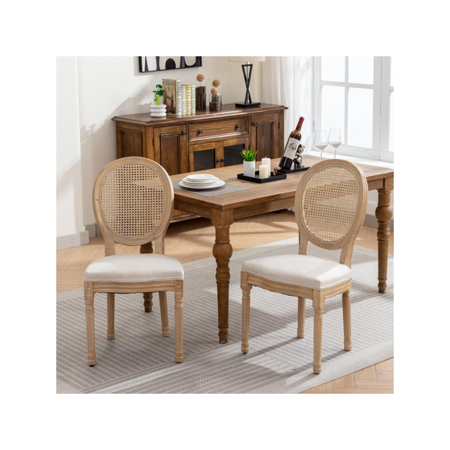 French Rattan Back Dining Chairs Set of 2 with Beige Linen Seat and Antique Solid Wood Frame for Dining Room-Baofuwish