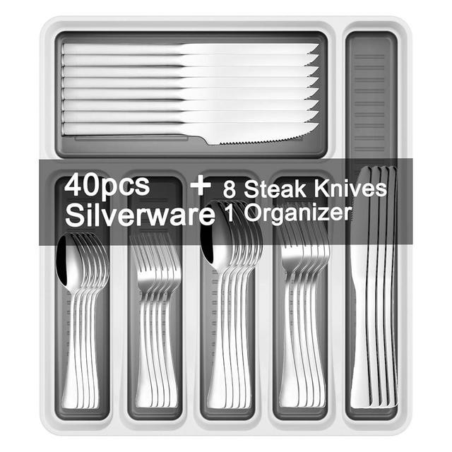 49-Piece Silverware Set with Organizer, Stainless Steel Kitchen Utensils Set for 8, Cutlery Flatware Set with Steak Knives Fork Spoon for Home Kitchen Tableware, Dishwasher Safe