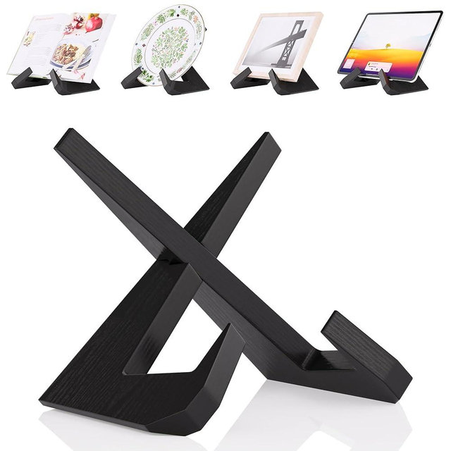 CeleVista Cookbook Stand for Kitchen, Wooden Cook Book Holder, Plate Stands for Decor Display, Recipe, Counter, Photo, Gift(Black)