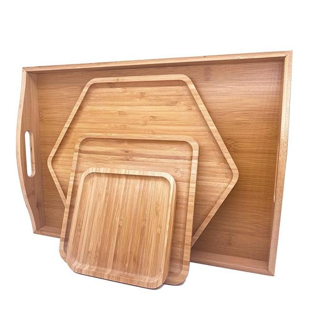 PAFREWOG Bamboo Serving Trays Charcuterie Platter 16.5"x11.8"（42x30cm) with Handle, Set Includes 1xHexagon 12.5"(32cm)+1xSquare 7.8"(20cm)+1xSquare 5.9"(15cm) Small Plates for Family Dinner