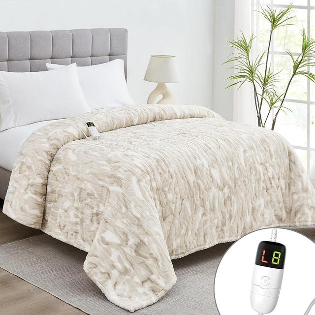 Guohaoi Heated Electric Blanket Throw, Soft Faux Rabbit Fur Heating Blanket with 10 Heating Levels 5 Sitting Timer Auto Off, 72"×84" Full, Brown Cozy Fast Heating Warm Blanket