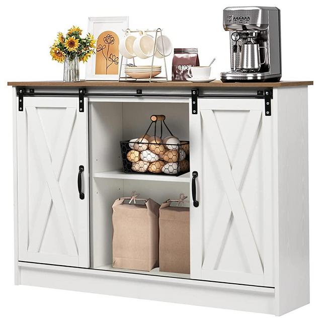 Farmhouse Coffee Bar Cabinet with Storage, White Sideboard Buffet Storage Cabinet with Sliding Barn Doors, 42” Kitchen Storage Cupboard Cabinet wtih Wooden Tabletop for Kitchen Dining Room