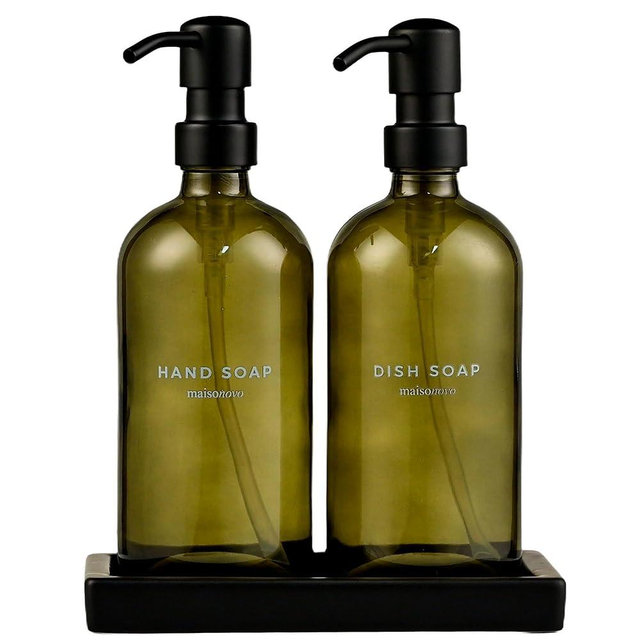 Maisonovo Kitchen Soap Dispenser Set | Hand and Dish Soap Dispenser Set with Handmade Ceramic Vanity Tray and 16 Waterproof Labels | Green Glass Bottles & Black Plastic Pumps