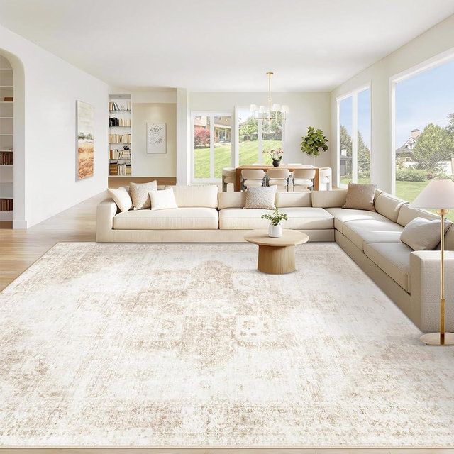 Area Rug 9x12 Washable Rug, Vintage Boho Medallion Rugs Non-Slip Soft Low Pile Large Distressed Rug Indoor Retro Carpet for Living Room Bedroom Dining Room Home Office (Beige, 9'x12')