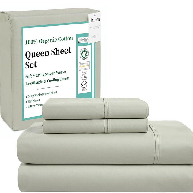 Queen Bed Sheets Set- 100% Organic Cotton Queen Sheet Set – GOTS & OEKO-TEX Certified Sateen Weave Soft, Breathable & Durable 4-PC Deep Pocket Luxury Bedding – Sustainable Gift-Ready Packaging- Sage