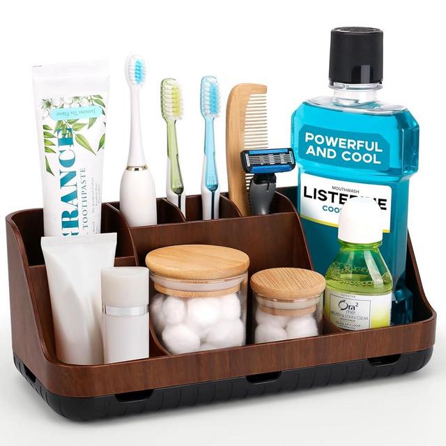 GFWARE Wood Toothbrush Holders for Bathrooms Countertop Organizer - Detachable 7 Slots Kid Bathroom Decor and Accessories, Wooden Bathroom Sink Storage organization, Caddy, Tray, Brown