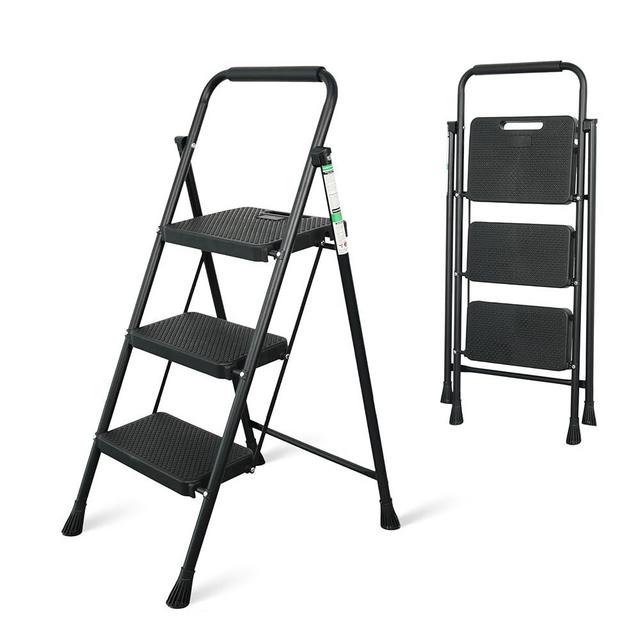 3 Step Ladder, Portable Steel Folding Step Stool with Wide Anti-Slip Pedal & Convenient Handgrip, 500lbs Sturdy Steel Ladder, Black