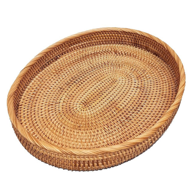 i-lan 16inch Oval Rattan Kitchen Table Severing Tray,Large Handmade Decorative Wicker Living Room Ottoman Platter for Snacks,Fruit,Drinks,XL-16x12x2.4 Inch