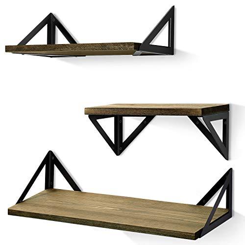 BAYKA Floating Shelves Wall Mounted, Rustic Wood Wall Shelves Set of 3 for Bedroom, Bathroom, Living Room, Kitchen (Grey, Pine)