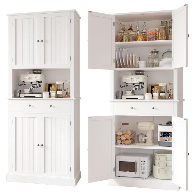 Apicizon 71’’ Tall Kitchen Pantry Storage Cabinet, Modern Kitchen Hutch Bar Cabinet with Microwave Stand & 3 Adjustable Shelves, Cupboard with Deep Drawer, Wood Buffet Sideboard for Dining Room, White