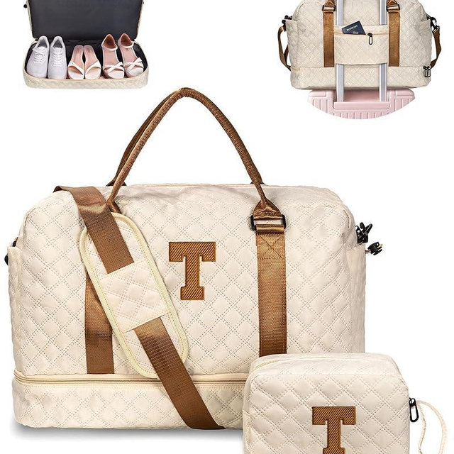 Vogewood 11 12 13 14 15 16 17 18 Year Old Girls Gifts-Initial Duffle Bag with Shoe Compartment, Personalized Weekender Bag, Travel Bag with Makeup Bag，Birthday Gift Graduate Gifts for Her (Letter T)