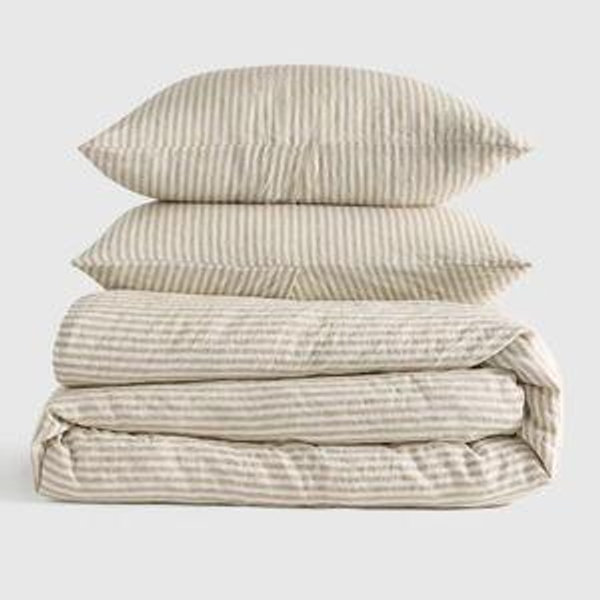 Linen Duvet Cover Set | Quince in Willowleaf/White Stripe