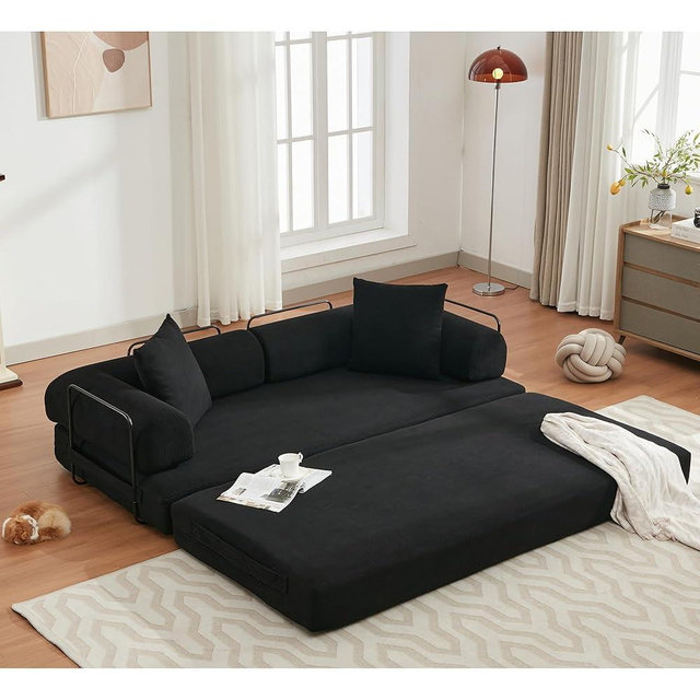 ZEIINPA Convertible Sleeper Sofa Bed with Cylindrical Pillow, Corduroy Folding Mattress Couch with Fixed-Shape Frame, Floor Sofa Lounge Couch for Living Room Bedroom Lounge Studio-Black