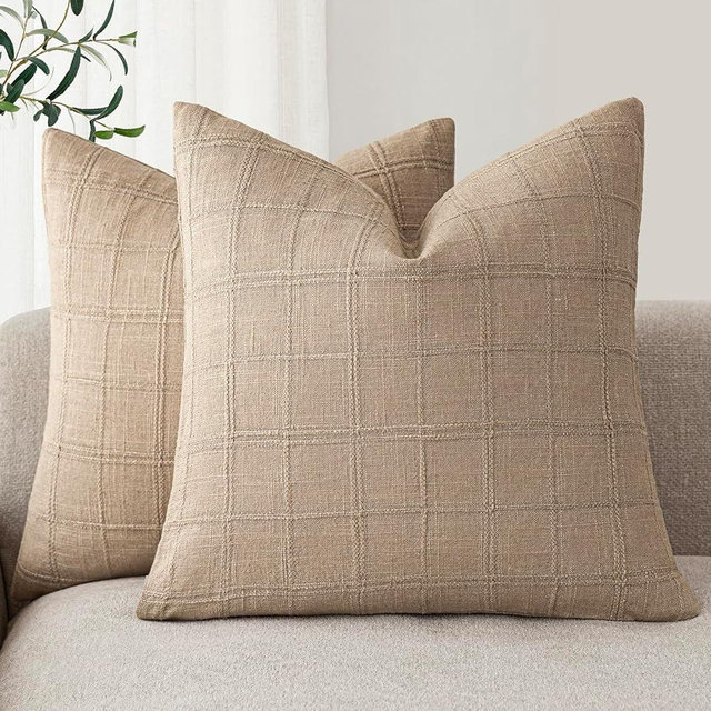Foindtower Set of 2 Decorative Linen Check Throw Pillow Covers Neutral Farmhouse Vintage Cushion Covers Modern Coastal Boho Home Decor For Sofa Chair Couch Bedroom Living Room Outdoor,20×20 Inch,Camel