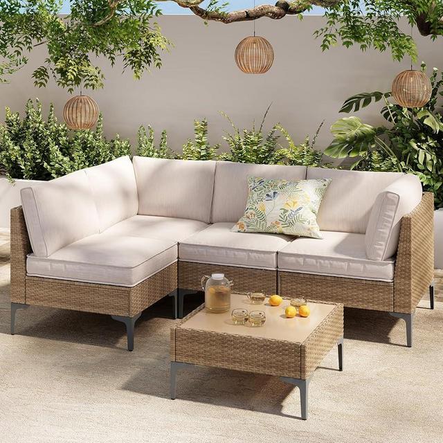 SunloungeCo 5-Piece Patio Furniture Set, Outdoor Wicker Sectional Sofa with Coffee Table, Anti-Slip & Thick All-Weather Cushions for Party, Garden, Backyard, Beige
