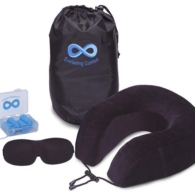 Everlasting Comfort 100% Pure Memory Foam Neck Pillow Airplane Travel Kit with Ultra Plush Velour Cover, Sleep Mask and Earplugs