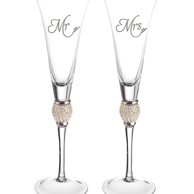 Wedding Champagne Flute - Mr And Mrs Champagne Flute With Silver Rim - Wedding Gift For Couple - Rhinestone Studded Bride And Groom Champagne Glass - Bride Gift - Mr And Mrs Gift Set of 2 By Trinkware