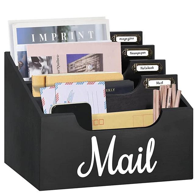 Rustic Mail Organizer Letter Sorter for Counter, Mail Holder Desktop File Organizer Holder, Countertop Desk Office Accessories Organizer for File Letter Paper Folder, Black Wooden Desk Organizer