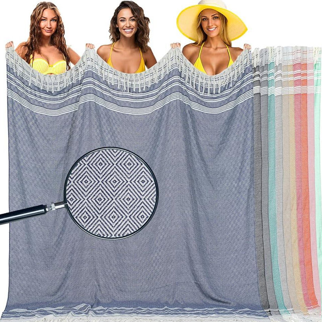 Vicomdy Oversized Cotton Turkish Beach Towel Blanket Giant XL Sandproof Boho Sand Free Towels Huge Jumbo XXL Extra Large Big Throw Quilt Blankets Cloud Blue