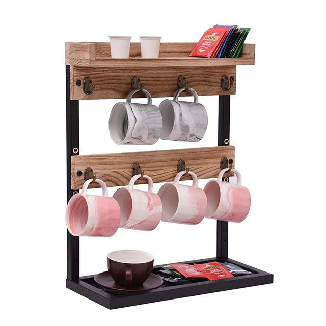 X-cosrack Rustic Countertop Coffee Mug Rack Holder with Wire Stand,2 Tier Wall Mounted Rack Holder for Coffee Mug Cups, Display Organizer Hook for Home & Kitchen,Hold 8 Mugs