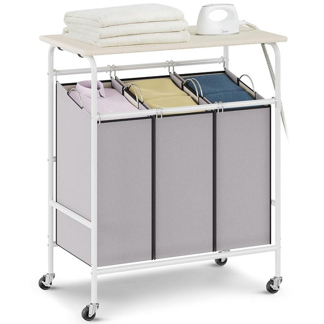 VEVOR 3-Section Laundry Sorter Cart with Ironing Board, Laundry Hamper with Heavy Duty Lockable Wheels and 3 Removable Bag, Rolling Laundry Basket Sorter for Clothes Storage