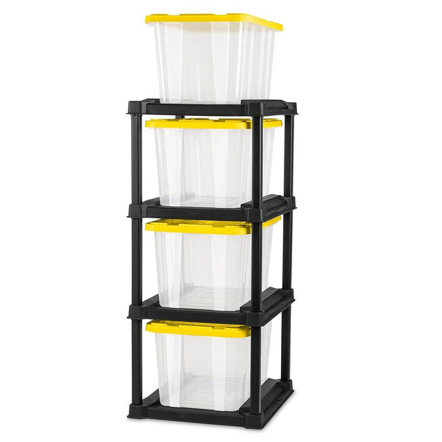 Sterilite 4 Tier Tote Rack, Vertical Plastic Organizer with 4 Pack 27 Gallon Industrial Storage Totes, Clear - for Garages, Workshops, or Basements