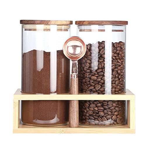 KKC Home Accents Borosilicate Glass Jars with Wood Lids, Tea Container for Loose Tea,Clear Kitchen Storage Jar for Coffee Bean,Nut,Sealed Airtight Glass Container Wooden Lid,39 Floz,Pack of 2