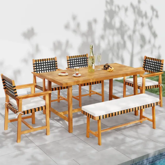 Costway 6PCS Patio Dining Set, Acacia Wood Table & Bench & 4 Armchairs with Umbrella Hole