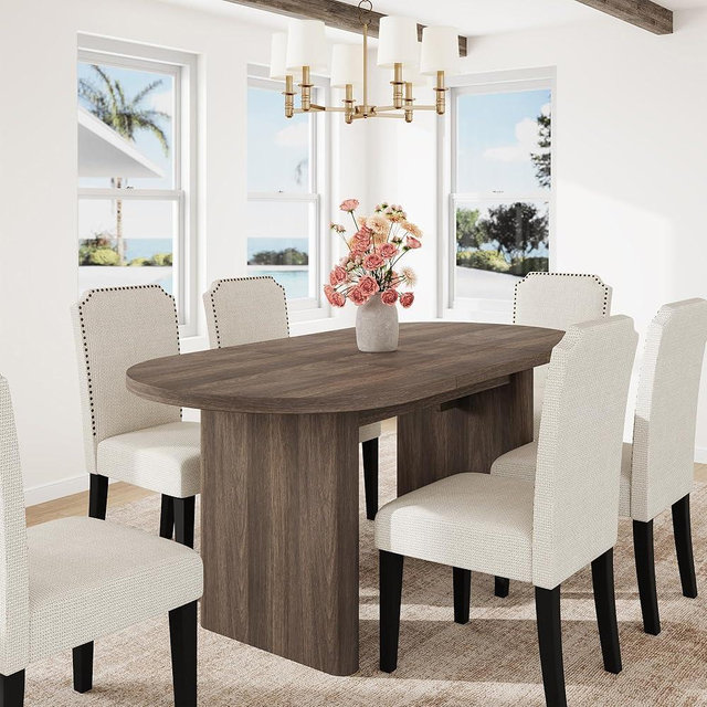 GarveeHome Oval Dining Table for 6-8 People, Long Large Kitchen Table with Thick Sturdy Wooden Base, Farmhouse Dining Room Table for for Kitchen, Living Room, Office (63" Long,Brown)