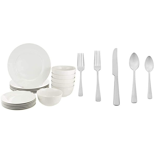 AmazonBasics 18-Piece White Kitchen Dinnerware Set, Dishes, Bowls, Service for 6 & 20-Piece Stainless Steel Flatware Silverware Set with Square Edge, Service for 4