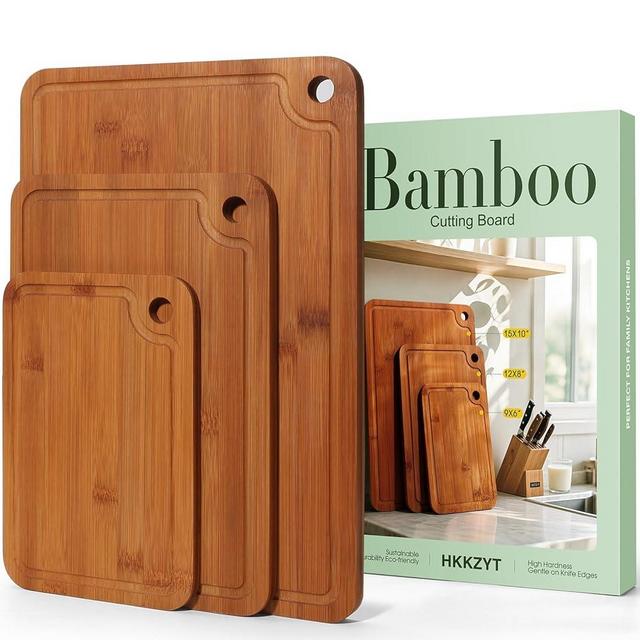 Bamboo Cutting Boards for Kitchen Set of 3, Wooden Cutting Board Non Toxic with Side Handle, HKKZYT Wood Chopping Board with Deep Juice Groove, Knife-Friendly, Kitchen Gift (Dark Color)