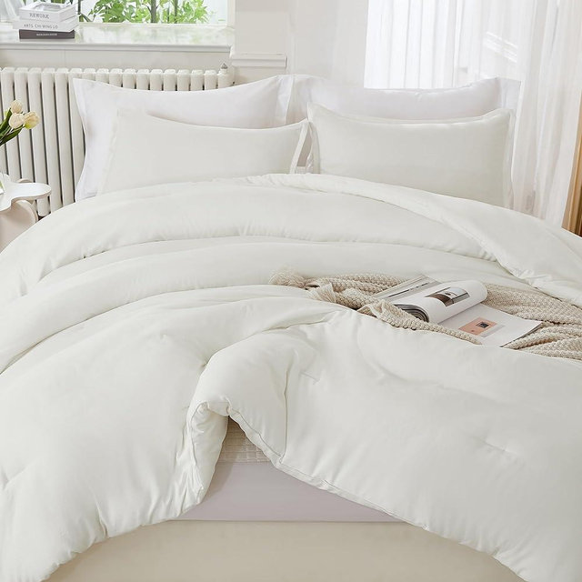 Litanika Ivory Comforter Set Queen Size, 3 Pieces Lightweight Solid Bedding Set & Collections, All Season Fluffy Bed Set (90x90In Comforter & 2 Pillowcases)