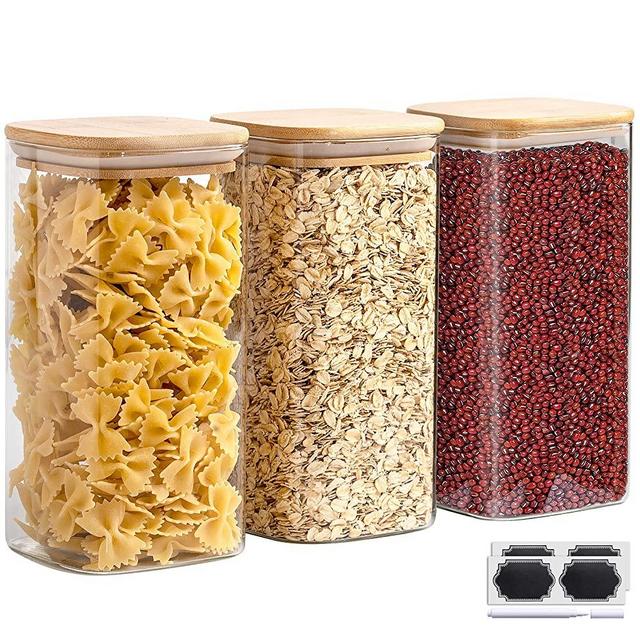 Laramaid 50oz 3Packs Glass Jars Set, Square Pantry Jars with Bamboo Lids, Black Labels and White Pen, Food Storage Containers for Home, Kitchen and Pantry